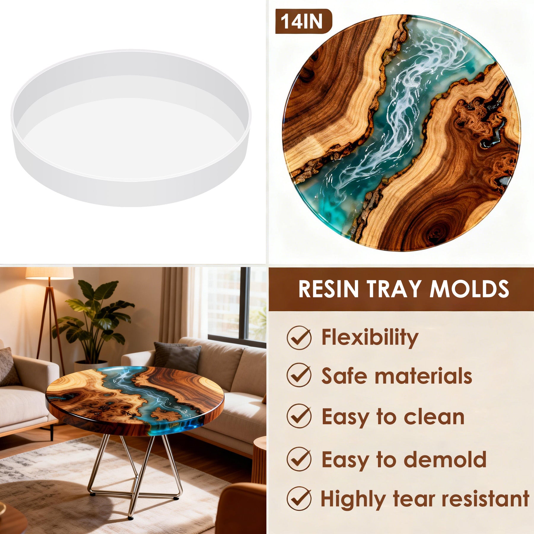 Vehipa Extra Large Resin Table Mold,14 Inch Round Resin Mold for River Table, DIY Resin Art, Coasters, Cutting Board, Desk Decor, Reusable Silicone Mold